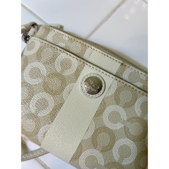 COACH Leather Pouch Beige & Gold Color with Handle Strap‎ 4.0 x 5.9 x 0.8 Inch - Picture 3 of 3